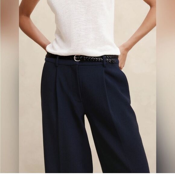 Banana Republic Double Weave High Rise Straight Puddle Pant, Size 10P Navy‎ NWT - Picture 2 of 6